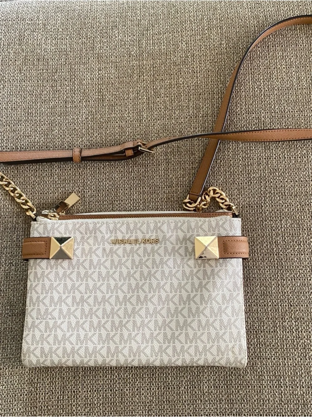 Michael Kors Cream Signature Crossbody with Brown Trim and Gold Accents